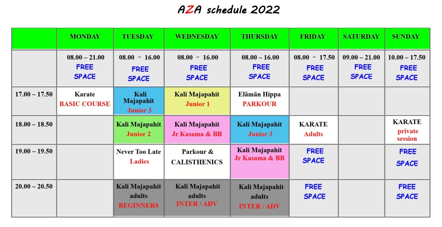 AZAschedule2022SemesterIIwithKaratebasiccourse Art Zenter Academy